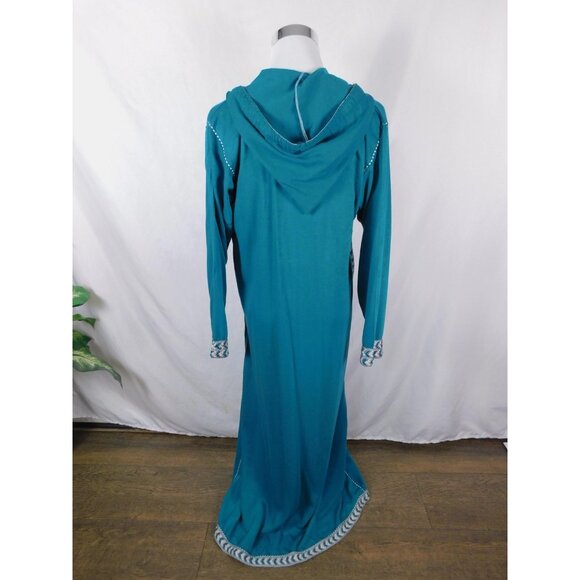 Moroccan Djellaba Robe Womens One Size Teal Hooded Embroidered Beaded Kaftan - Picture 8 of 12